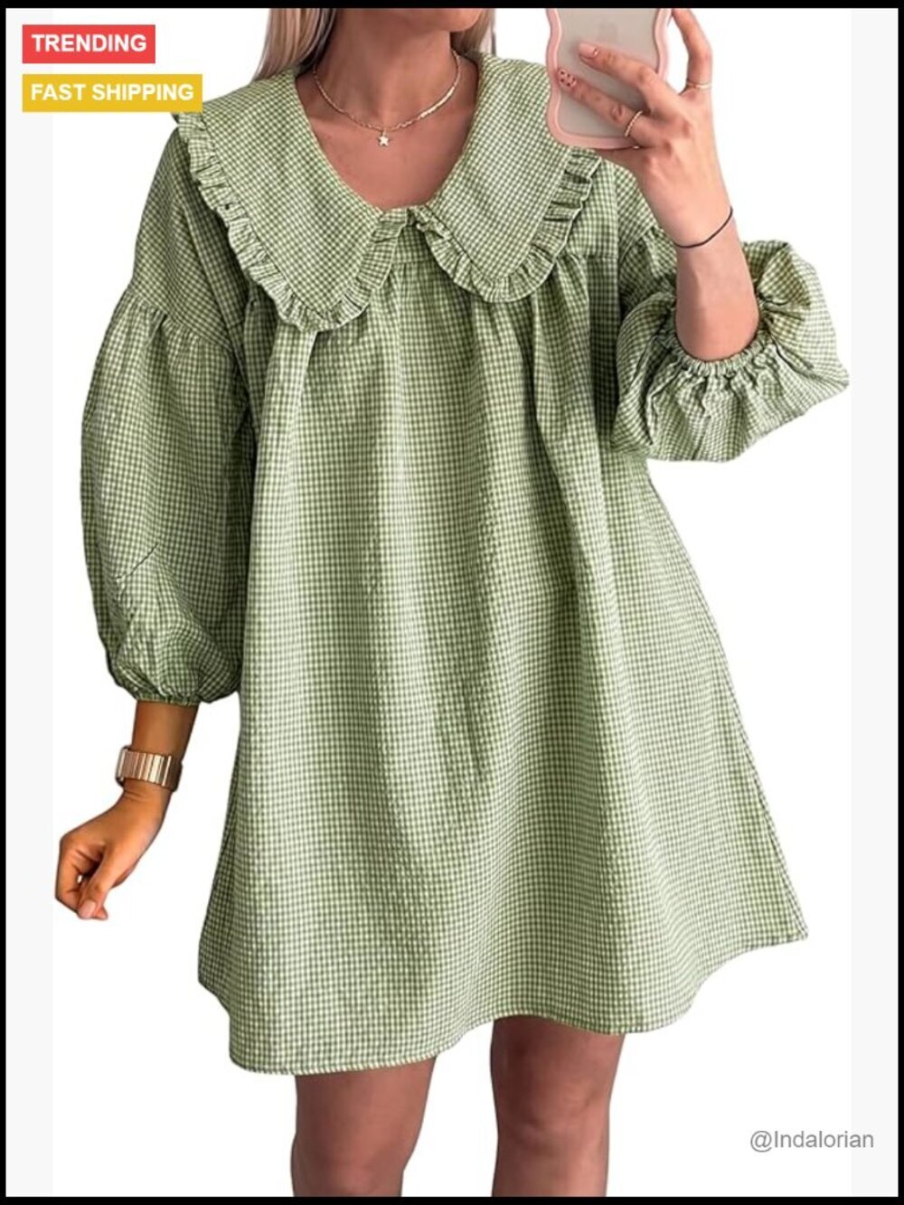 Babydoll Mini Dress 3/4 Puff Sleeve Plaid Lapel Doll Collar Loose Y2k